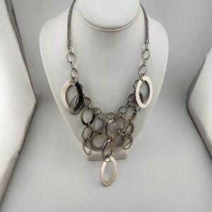 Silver Tone Chain Necklace with Oval and Round‎ Metal Rings Statement